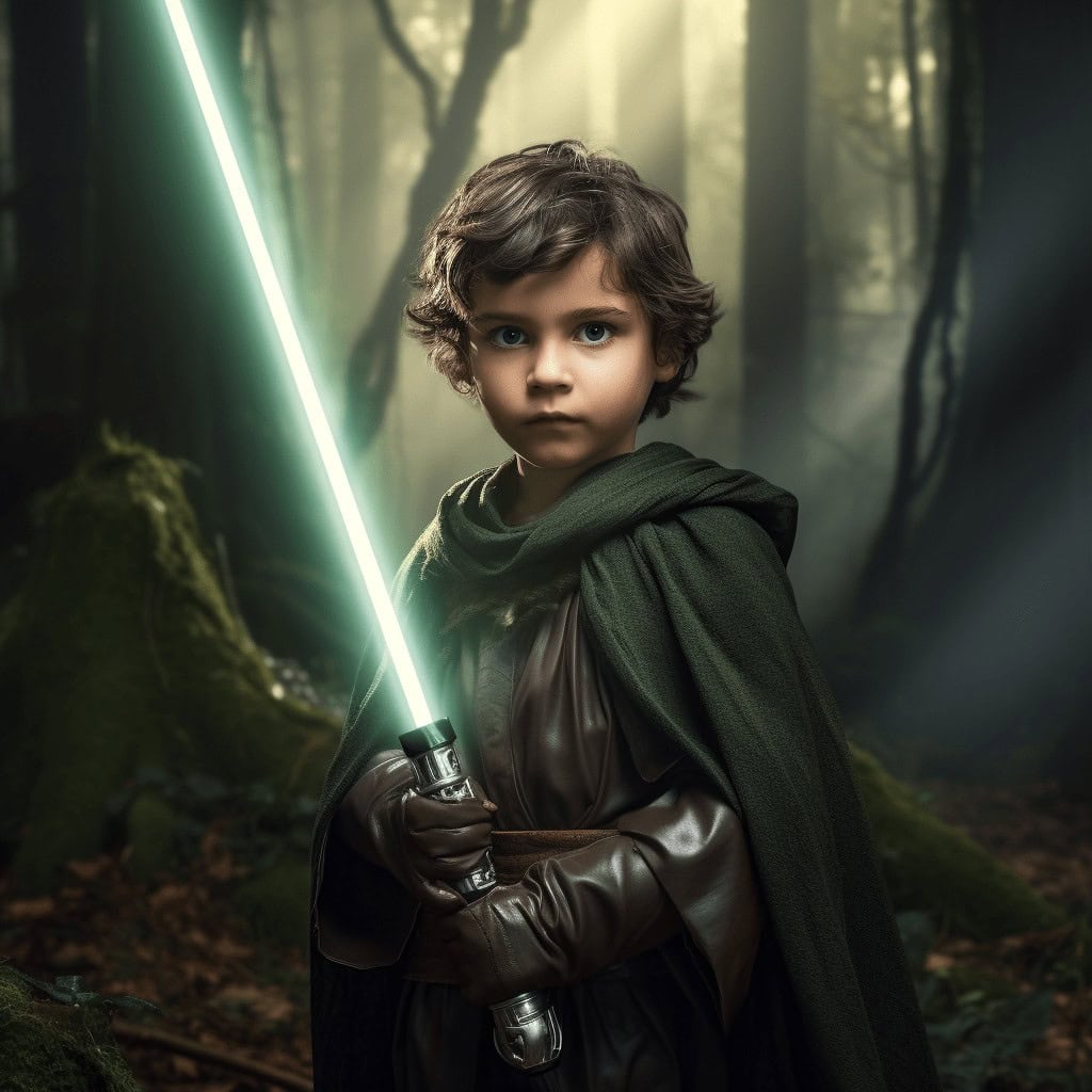 A young child wears a dark green cloak and brown tunic, holding a glowing lightsaber in a sunlit forest—perfect inspiration for your Custom Superhero Child Portrait - Wondergirl #1 or unique canvas printing.