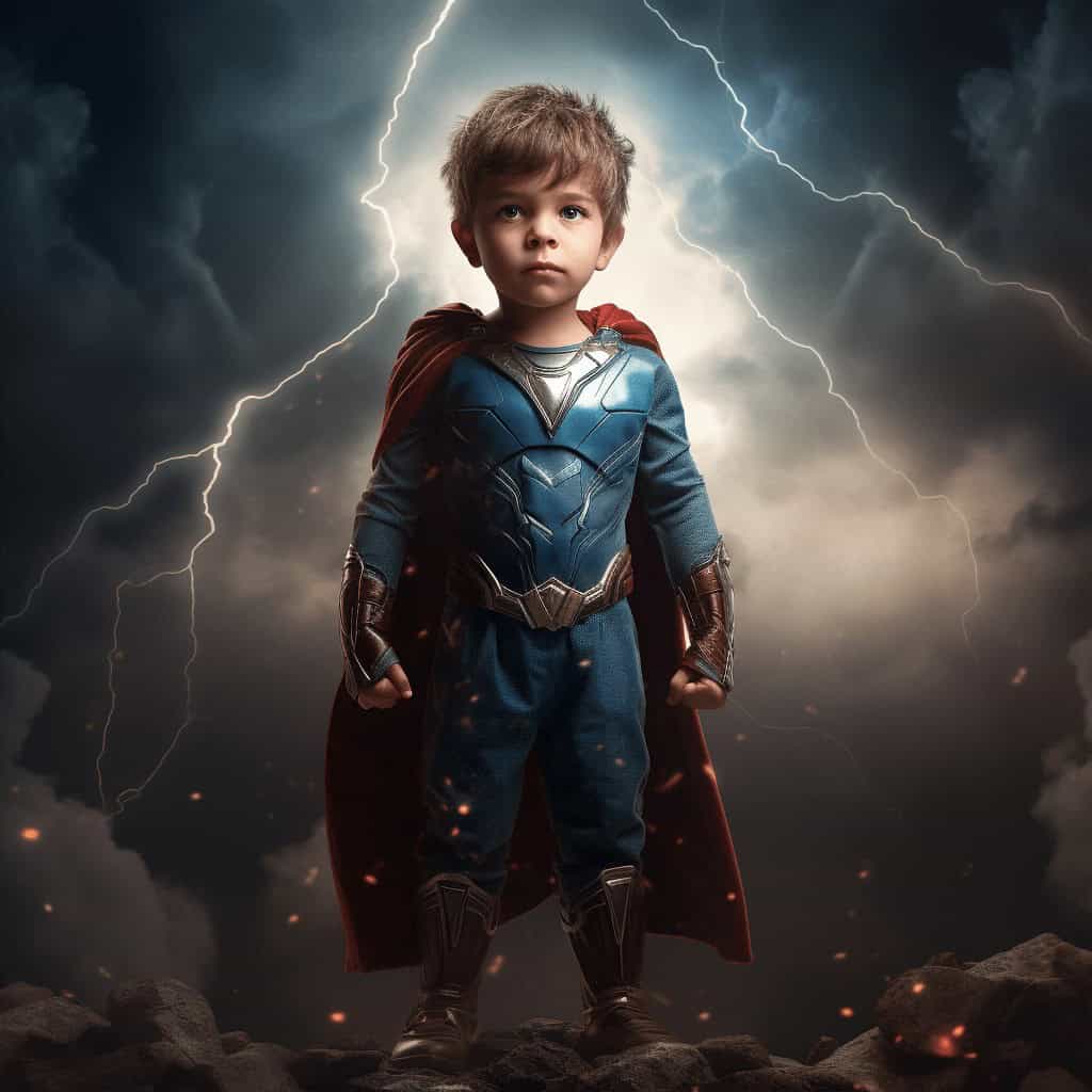 Süper kahraman kostümü giymiş genç bir kız, mavi kostümü ve kırmızı peleriniyle kayalık zeminde kendinden emin bir şekilde duruyor. Arkasında şimşekler ve dramatik bulutlar var. Bu, Özel Süper Kahraman Çocuk Portresi - Wondergirl #1 tuval için mükemmel bir görüntü.