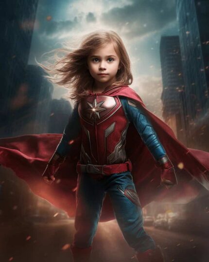 Capture a powerful moment with the "Custom Superhero Child Portrait - Wondergirl #1," featuring a confident young girl in a red cape on a city street—ideal for canvas prints to highlight her superhero spirit.