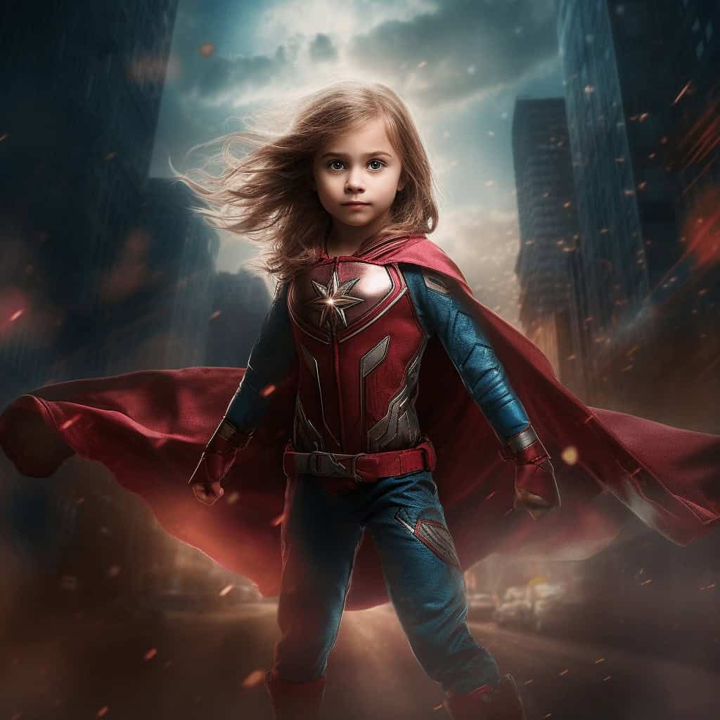Capture a powerful moment with the "Custom Superhero Child Portrait - Wondergirl #1," featuring a confident young girl in a red cape on a city street—ideal for canvas prints to highlight her superhero spirit.
