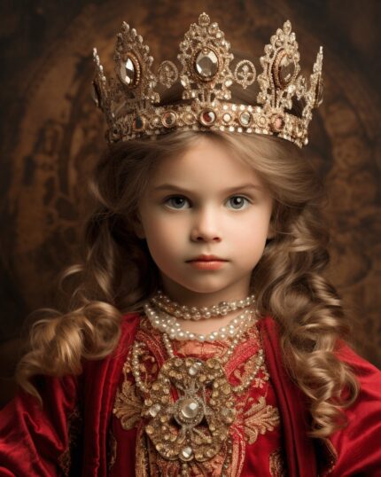 A young girl with long curly blonde hair, wearing an ornate gold crown and red velvet robe adorned with jewels, poses against a regal backdrop—perfect inspiration for the Custom Regal Family Portrait - Medieval Mom with toddler.