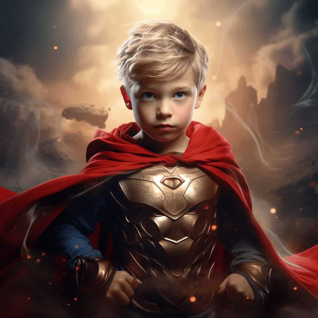 Süper kahraman kıyafeti giymiş, altın renkli göğüs zırhı ve kırmızı pelerinli genç bir kız, dramatik bir manzarada poz veriyor. Özel Süper Kahraman Çocuk Portresi - Wondergirl #1 tuvaliniz için mükemmel bir ilham kaynağı.