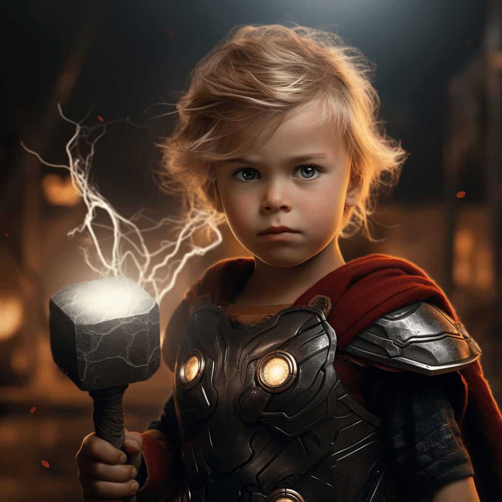 A young child dressed as a superhero with armor, red cape, and glowing lightning hammer appears in this bold, heroic Custom Superhero Child Portrait - Wondergirl #1 canvas—perfect for a custom design pet canvas.