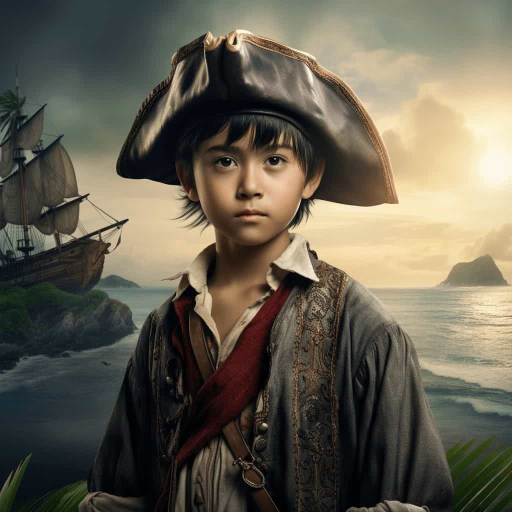 A young child as Wondergirl stands near the shore with a large ship, island, and sunset in the background—perfect for a Custom Superhero Child Portrait - Wondergirl #1 to capture an adventurous, heroic vibe on canvas.