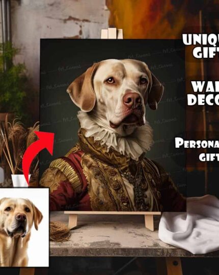 A Labrador photo appears beside “The Aristocrat #8 – Custom Design Pet Canvas,” showing the dog in royal attire on an easel. Text: Unique Gift, Wall Decor, Personalised Gift, custom design pet canvas.