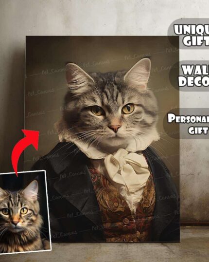 The Aristocrat #8 – Custom Design Pet Canvas shows a tabby cat in historical attire with the real cat’s photo inset, creating unique, personalized wall decor. A perfect gift for pet lovers seeking a one-of-a-kind keepsake.
