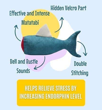 The Pawdaz Catnip Fish Toy – Anxiety Relief & Interactive Fun for Cats – is a blue fish-shaped cat toy with a custom pet canvas, hidden Velcro, intense matatabi, bell and rustle sounds, double stitching, and stress-relieving benefits.