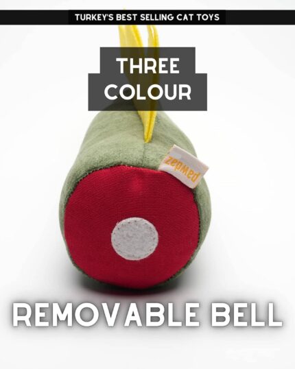 The Pawdaz Large Dino Cat Toy is a plush dinosaur-shaped toy with a removable bell, yellow string accent, red circular end with a white dot, and ZEEPAPO label. Three colour options—perfect to match your custom pet canvas décor.