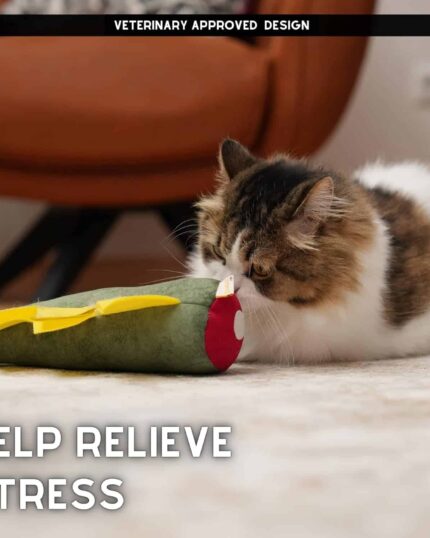 A fluffy brown and white cat lies on a carpet, sniffing the Pawdaz Large Dino Cat Toy. “HELP RELIEVE STRESS” appears with “VETERINARY APPROVED DESIGN” above—ideal for your custom design pet canvas or pet canvas project.