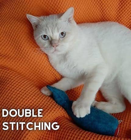A white cat lies on an orange blanket, holding the Pawdaz Catnip Fish Toy. "DOUBLE STITCHING" appears in bold white text in the corner, highlighting the toy’s durability and quality for interactive fun and anxiety relief for cats.