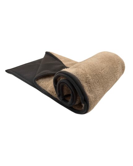 The Cozy Double-Layered Cat & Dog Blanket - Washable is a soft, tan fleece blanket with a black edge, showing both smooth and fuzzy sides—an ideal match for your custom design pet canvas.