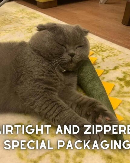 A gray cat naps on a Pawdaz Large Dino Cat Toy atop a patterned rug. White text reads: AIRTIGHT AND ZIPPERED SPECIAL PACKAGING for your custom design pet canvas.