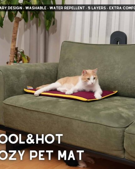 A light orange and white cat lounges on a green sofa, resting on the Pet Cooling and Heating Pad Mat. Image text highlights its features: cool & hot use, washable, water repellent, and extra comfortable.