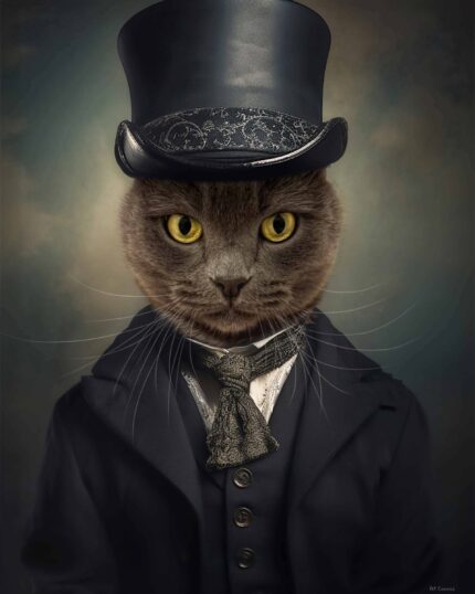 The Aristocrat #6 – Custom Design Pet Canvas features a gray cat with yellow eyes in a vintage suit and top hat, posed formally against a dark background—ideal for personalized pet portraits or unique canvas printing.