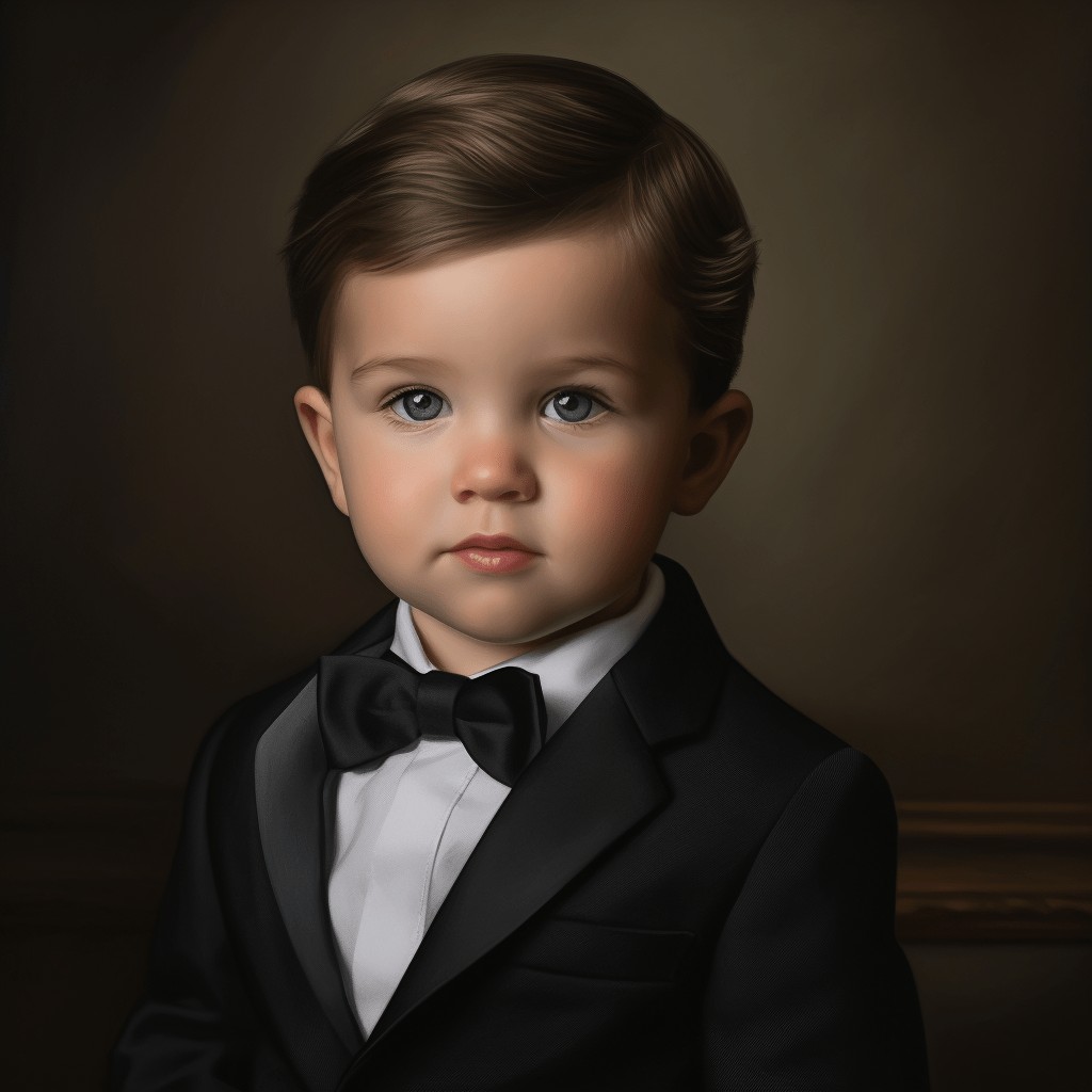 A young boy with neatly combed brown hair wears a black tuxedo and bow tie, looking serious against a dark background—perfect for showcasing as a Custom Superhero Child Portrait - Gentlekid.