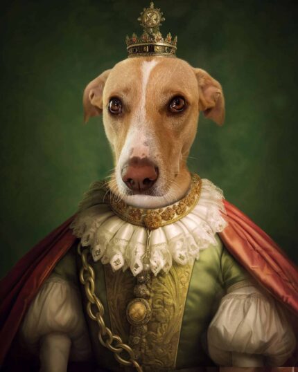 The Noble Lady #18 - Custom Design Pet Canvas features your dog in a royal crown and Renaissance attire against a green backdrop, creating a classic regal pet portrait.
