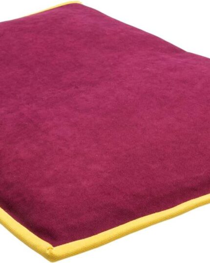 A rectangular maroon Pet Cooling and Heating Pad Mat with yellow edging and a small fabric tag on one corner, shown on a white background—ideal for pairing with your custom design pet canvas.