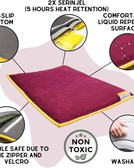 The Pet Cooling and Heating Pad Mat is a maroon and yellow rectangular custom design with a non-slip bottom, zipper and Velcro closure, non-toxic, washable, liquid-repellent surface, and 5-hour heat retention using 2x Serinjel.