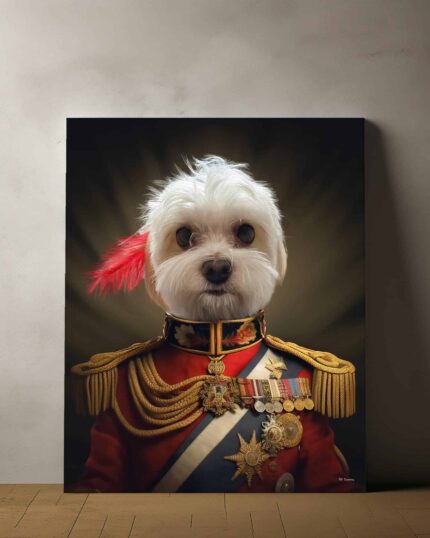 The Admiral General #18 - Custom Design Pet Canvas features a small white dog in an ornate military uniform with medals and a red feathered hat, styled as a royal officer, displayed against a plain wall.