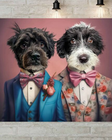 The Vintage Friends #25 - Custom Pet Canvas displays two dogs in formal suits and bow ties with floral patterns, posed side by side on a pink background, hanging on a white brick wall with vintage light bulbs above.