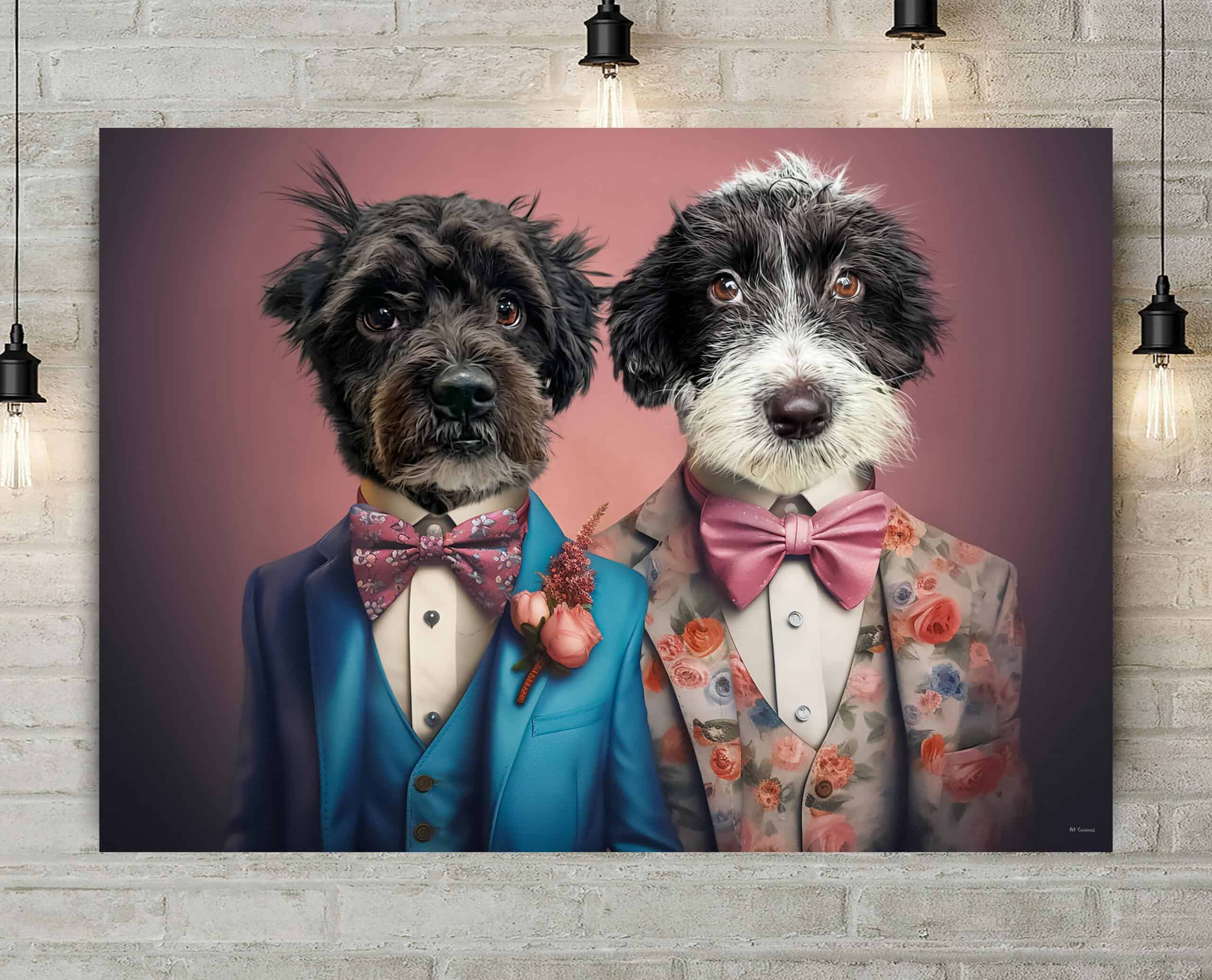 The Vintage Friends #25 - Custom Pet Canvas Displays Two Dogs In Formal Suits And Bow Ties With Floral Patterns, Posed Side By Side On A Pink Background, Hanging On A White Brick Wall With Vintage Light Bulbs Above. The Vintage Friends #25 - Custom Pet Canvas displays two dogs in formal suits and bow ties with floral patterns, posed side by side on a pink background, hanging on a white brick wall with vintage light bulbs above.