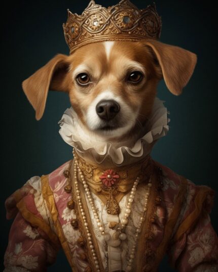 Showcase your pet’s unique nobility with The Baroque Lady #22 – Custom Design Pet Canvas, featuring a small dog in a royal crown, ruffled collar, and jeweled dress posing regally against a dark backdrop.