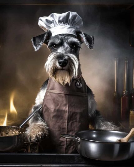 A schnauzer in a chef hat and apron cooks over flaming pots—Custom Design Canvas Painting: Professions #15 – Chef—adds playful charm to any space, ideal for pet lovers seeking unique canvas art or printing.