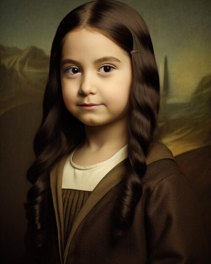 A young girl with long, wavy brown hair and a slight smile poses by a muted, painted landscape background—an ideal reference for the Custom Superhero Child Portrait - Kid Mona Lisa.