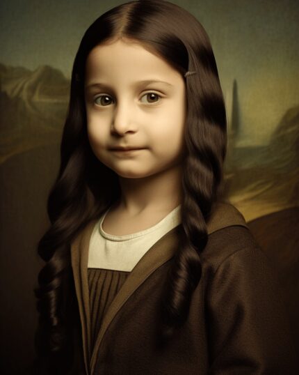 A young girl with long, dark, wavy hair and a calm expression poses against a soft, classic backdrop—perfect inspiration for a Custom Superhero Child Portrait - Kid Mona Lisa canvas.