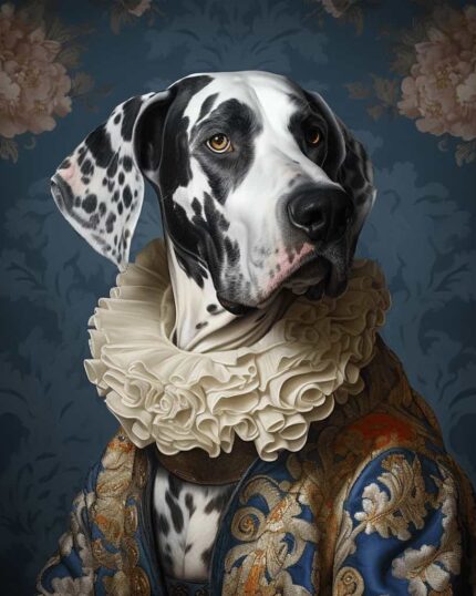 Showcase your pet’s regal side with "The Blue Rococo – Custom Design Pet Canvas," featuring ornate blue and gold attire with a ruffled collar against a floral backdrop—timeless elegance in personalized art.