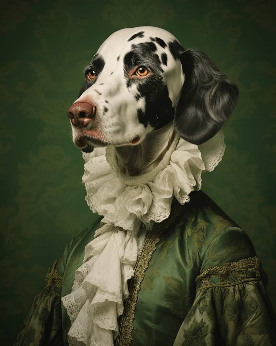 The Elegant Boy – Custom Design Pet Canvas features a Dalmatian in a green Victorian outfit against a patterned backdrop, creating a regal, classical portrait style that beautifully showcases your pet’s noble charm.