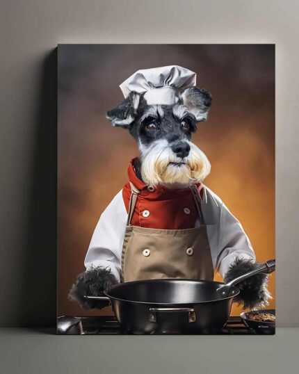 The "Masterchef - Custom Pet Canvas Painting" features a schnauzer dressed as a chef with a white hat and red scarf, standing behind a stove with a pan against a warm background—an adorable custom design ideal for canvas printing.