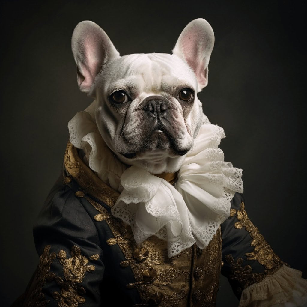 Showcase your pet’s charm with “The Noble Gentleman #18 – Custom Design Pet Canvas,” featuring a French bulldog in an ornate, gold-embroidered costume and lace ruffled collar posed elegantly against a dark background.