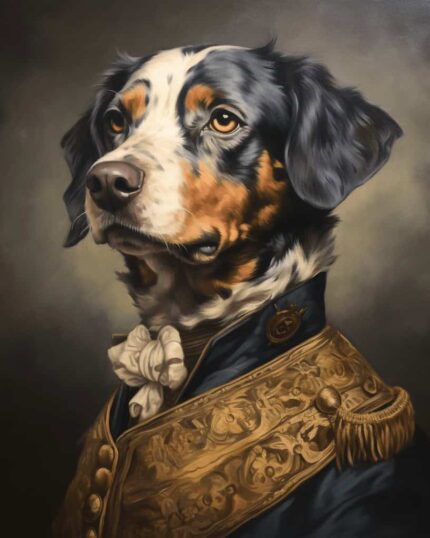 A dignified dog in a gold-embroidered military uniform and white cravat poses regally against a dark background in "The Young Aristocrat – Custom Design Pet Canvas," perfect for a striking custom pet portrait.