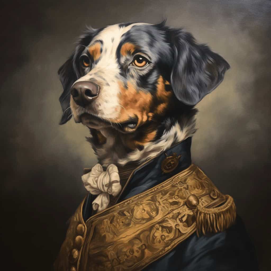 A Dignified Dog In A Gold-Embroidered Military Uniform And White Cravat Poses Regally Against A Dark Background In &Amp;Quot;The Young Aristocrat – Custom Design Pet Canvas,&Amp;Quot; Perfect For A Striking Custom Pet Portrait. A dignified dog in a gold-embroidered military uniform and white cravat poses regally against a dark background in "The Young Aristocrat – Custom Design Pet Canvas," perfect for a striking custom pet portrait.