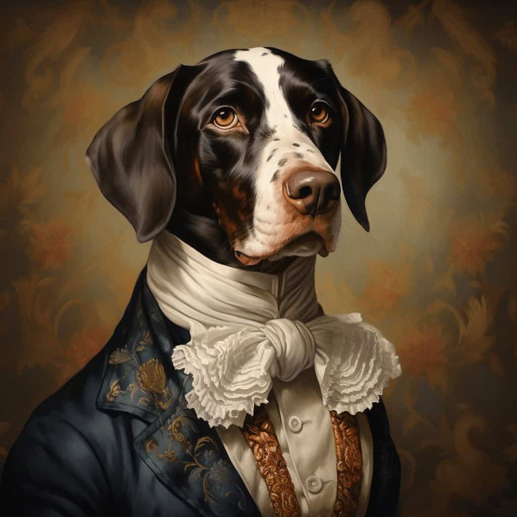 A black and white dog wears an elegant suit with a ruffled white cravat, posing for a formal portrait on a vintage background—featured in The Young Aristocrat #2– Custom Design Pet Canvas.