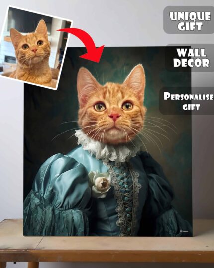 The Noble Lady #20 - Özel Tasarım Evcil Hayvan Tuvalinde, kedinizin yüzü mavi bir elbise giymiş klasik bir portreye düzenlenmiş ve orijinal kedinin resmi de ek olarak yer almaktadır. Metin: Eşsiz Hediye, Duvar Dekorasyonu ve Kişiselleştirilmiş özel tasarım evcil hayvan tuval.