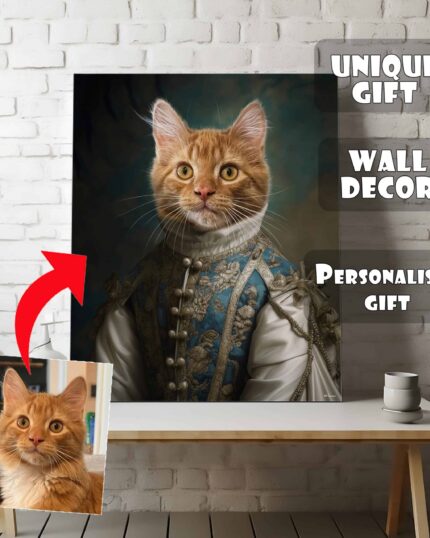 The Aristocrat #5 – Custom Design Pet Canvas shows a cat in royal attire, framed on a table by a white brick wall. An inset photo of the real cat points to the portrait. Text: Unique gift, Wall decor, Personalised gift.