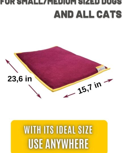 A rectangular maroon Pet Cooling and Heating Pad Mat with yellow edges is shown, measuring 23.6 x 15.7 inches. Text above reads: For small/medium sized dogs and all cats. Its ideal size makes it perfect for use anywhere.