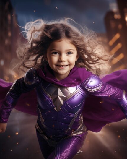 Capture the magic of your child's imagination with the "Custom Superhero Child Portrait - The Purple Costume," featuring a joyful young heroine in a shiny purple outfit and cape—an inspiring scene ideal for canvas prints.