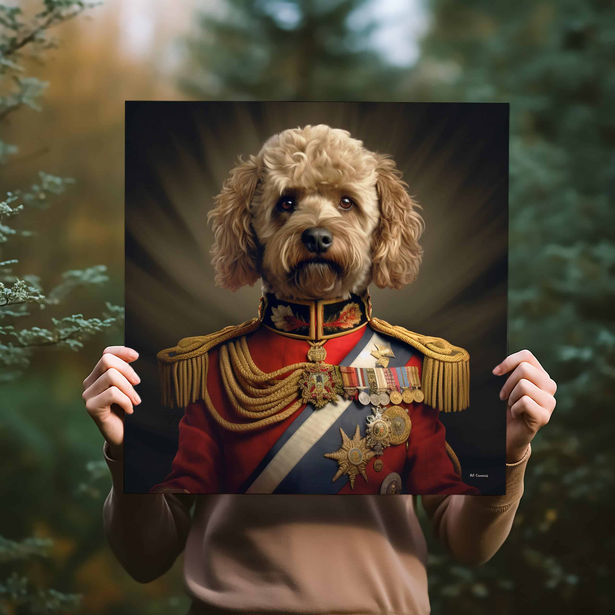 A person holds The Admiral General #18 - Custom Design Pet Canvas, featuring a dog in a royal military uniform with medals and sashes, set against trees in soft natural light.