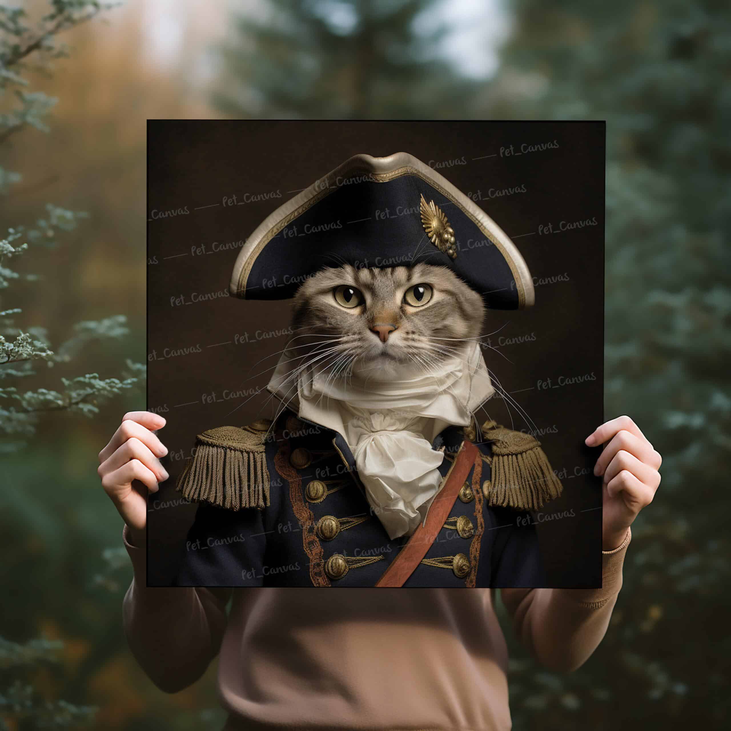 A person holds the Napoleon Bonaparte - Custom Design Pet Canvas, featuring a cat in an ornate historical military uniform and hat, outdoors among trees. The cat appears regal and dignified in its costume.