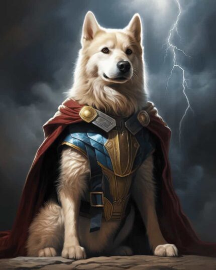 The Mighty Thor's Dog–Custom Design Pet Canvas features a fluffy dog in superhero armor and a red cape, sitting proudly beneath a stormy, lightning-filled sky—ideal for custom canvas printing.