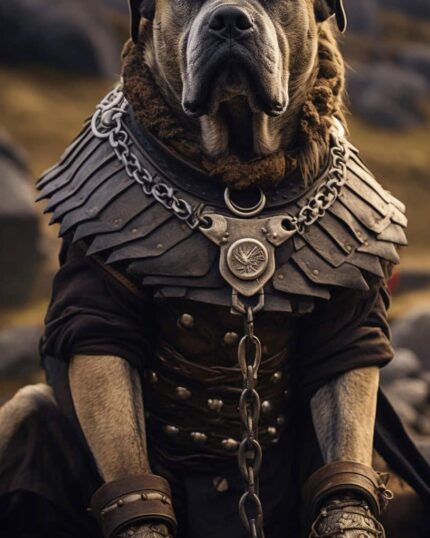 A large dog in medieval armor, leather straps, chains, and a crown-like headpiece poses regally on rocks—perfect for custom pet art with Viking Ragnar's Dog Design – Custom Design Pet Canvas.