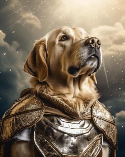 Transform your pet into a legend with the Julius Caesar – Custom Design Pet Canvas, featuring your furry friend in ornate armor under a glowing sky for an epic, heroic portrait.