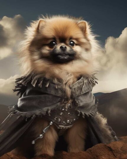 A fluffy Pomeranian in a rugged medieval black cloak sits on rocky ground under dramatic clouds, looking cute yet heroic—the perfect inspiration for The Fellowship of the Ring – Custom Design Pet Canvas.