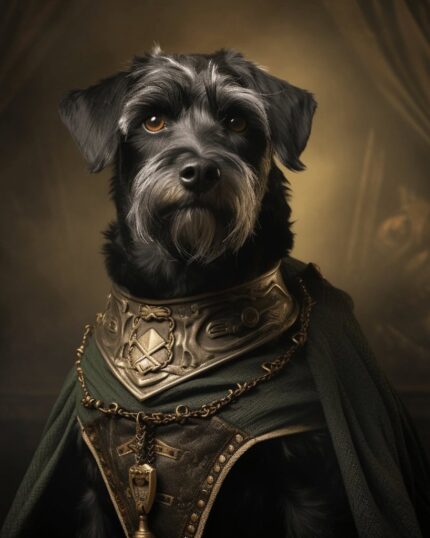 The Legolas's Loyal Companion – Custom Design Pet Canvas features a black and gray dog in ornate medieval armor and a cloak, posing regally against a dramatic backdrop—perfect for showcasing your pet’s majestic side.