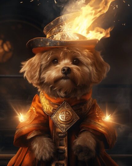 Capture a magical, fantasy moment indoors with The Fire Mage Dog– Custom Design Pet Canvas, featuring a small, fluffy dog in an elaborate orange wizard costume with glowing flames and enchanting details.