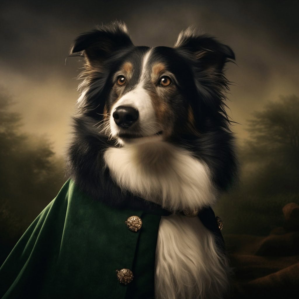 A regal black, white, and tan dog in a green cloak with golden clasps poses in a misty outdoor scene—an ideal subject for our Lord of the Rings Pet Portrait – Custom Design Pet Canvas.