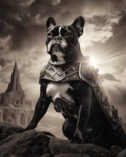 A Boston Terrier in ornate armor sits on rocks before a gothic castle and dramatic sky, exuding epic fantasy vibes. The Middle Earth Guardian – Custom Design Pet Canvas captures your pet’s regal grandeur in this striking scene.